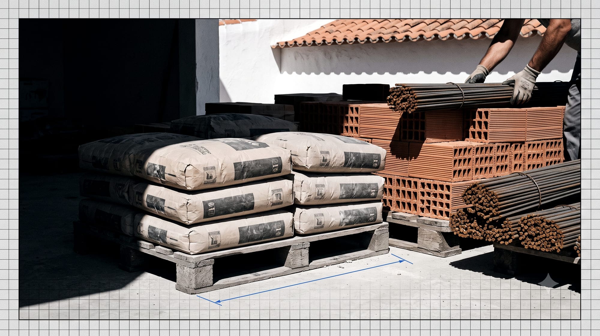 Estaleiro de uma loja de materiais: paletes de cimento, tijolo e varão de aço ao sol de Portugal